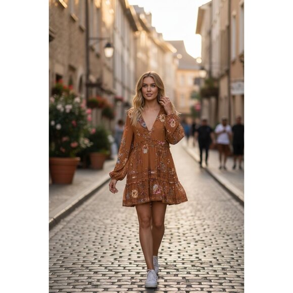 Free People Cherry Blossom Mini Dress Topaz Mustard Floral Oversized Flowy Small - Picture 3 of 16